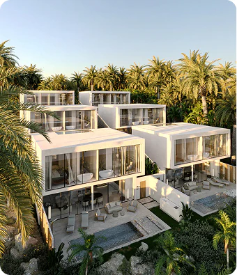Aerial view of a modern villa development in Bali