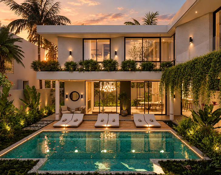 Two-storey villa with pool and loungers at dusk