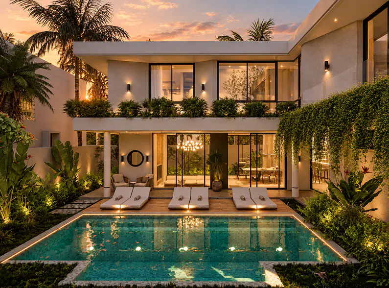 Celest Villas 4-bedroom villa with pool and sun loungers at dusk
